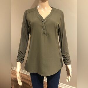 V-neck with lace cross tie long sleeve shirt